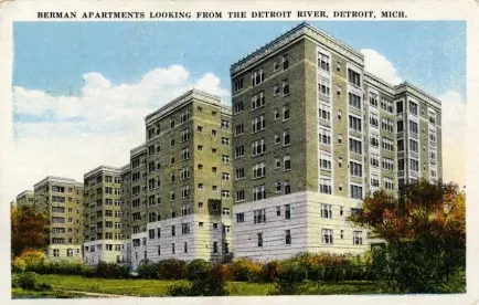 Postcard - Berman Apartments Looking from the Detroit River, Detroit, Mich.