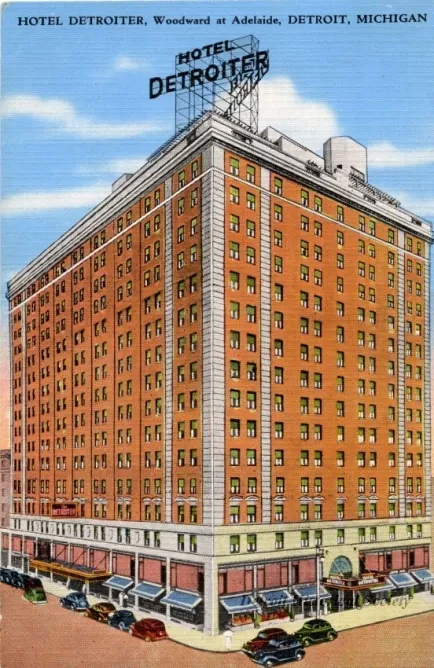 Postcard - Hotel Detroiter, Woodward at Adelaide, Detroit, Michigan