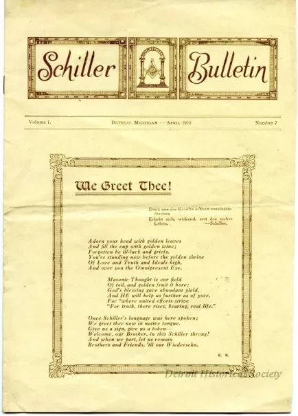 Newsletter - Schiller Bulletin, Volume I. Number 7, Detroit, Michigan, April 1919