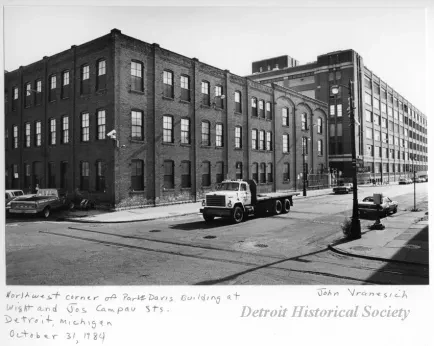 Print, Photographic - Northwest corner of Parke Davis Building at Wight and Jos Campau Sts., Detroit, Michigan