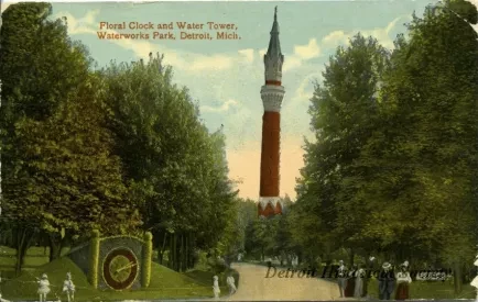 Postcard - Floral Clock and Water Tower, Waterworks Park, Detroit, Mich.