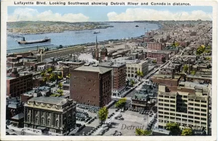 Postcard - Lafayette Blvd. Looking Southwest showing Detroit River and Canada in distance.