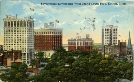 Postcard - Skyscrapers surrounding West Grand Circus Park, Detroit, Mich.