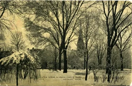 Postcard - Winter Scene in Grand Circus Park, Detroit, Mich.