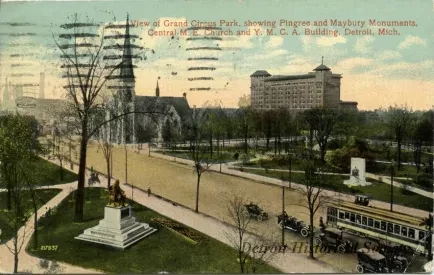Postcard - View of Grand Circus Park, showing Pingree and Maybury Monuments, Central M.E. Church and Y.M.C.A. Building, Detroit, Mich.