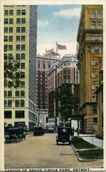 Postcard - Canyon of Grand Circus Park, Detroit.