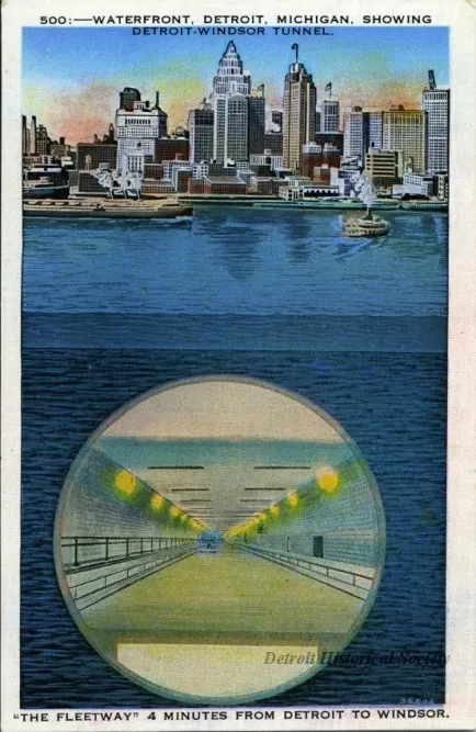 Postcard - Waterfront, Detroit, Michigan, showing Detroit-Windsor Tunnel.