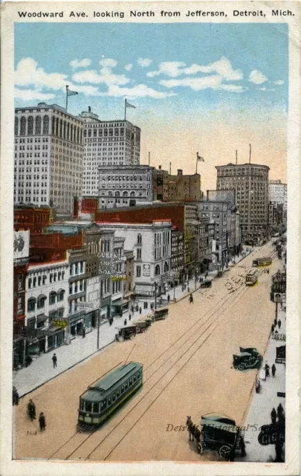 Postcard - Woodward Ave. looking North from Jefferson, Detroit, Mich.