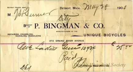 Receipt - P. Bingman & Co.
Unique Bicycles