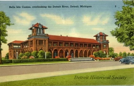 Postcard - Belle Isle Casino, overlooking the Detroit River, Detroit, Michigan