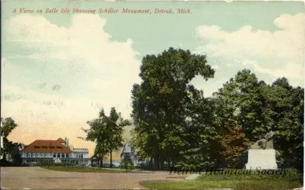 Postcard - A View on Belle Isle Showing Schiller Monument, Detroit, Mich.