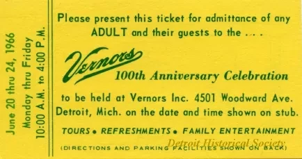 Ticket - Vernors 100th Anniversary Celebration