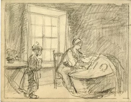 Drawing - Woman with Basinette