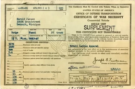 Certificate - Certificate of War Necessity 
Commercial Vehicle
Single Unit
SUPPLEMENT