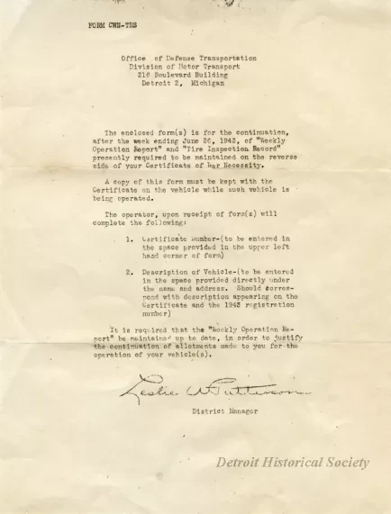 Letter - Weekly Operation Report and Tire Inspection Record