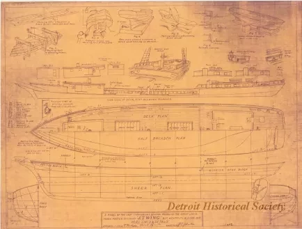 Blueprint - Three Masted Schooner, J. T. Wing,
Hull Lines & Details.