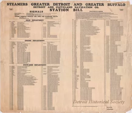 Poster, Instructional - Steamers Greater Detroit and Greater Buffalo
Detroit and Cleveland Navigation Co.
Station Bill