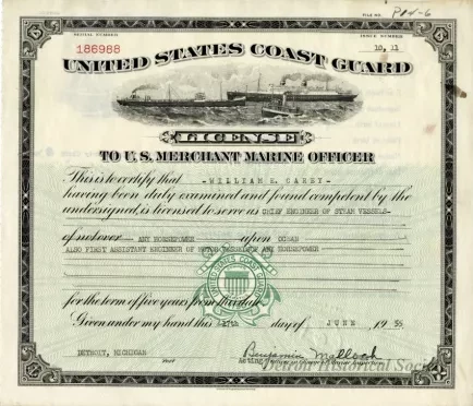 License - United States Coast Guard license to U.S. Merchant Marine Officer