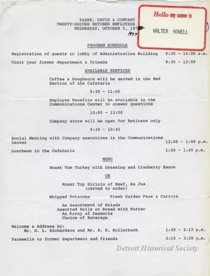 Directory - Retirees Address List, 22nd Retirees Reunion, October 5, 1977