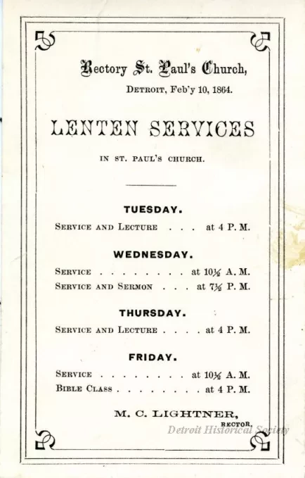 Schedule - Lenten Services in St. Paul's [Episcopal] Church, Detroit