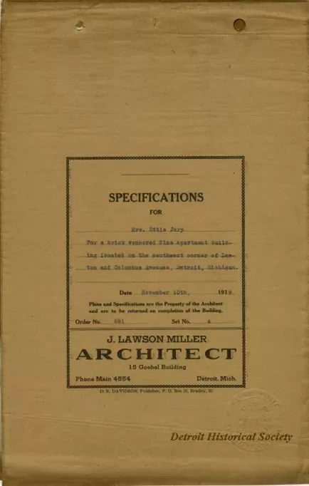 Specification - Specifications for Mrs. Ettie Jory for a Brick Veneered Nine Apartment  Building Located on the Southwest Corner of Lawton and Columbus Avenues, Detroit, Michigan.