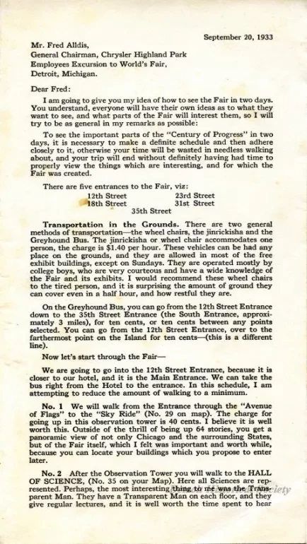 Program - A Souvenir of the Chrysler Corporation Highland Park Plant 
Employees' Excursion to 'A Century of Progress' at Chicago