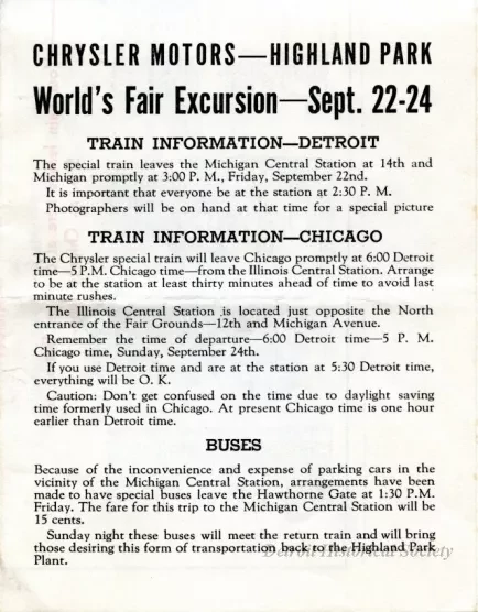 Program - A Souvenir of the Chrysler Corporation Highland Park Plant 
Employees' Excursion to 'A Century of Progress' at Chicago