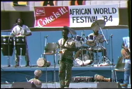 U-Matic - Day: Friday
Date: 8/24/84
Time: 12:30-2:30 P.M.
Subject: African World Festival / 8-24 thru 8-26 (noon 10:00 P.M.)
TV Shots: Band, Pan Shot of Crowd, 2-booths, Assorted Concessions, Artist, Jewelry, etc.