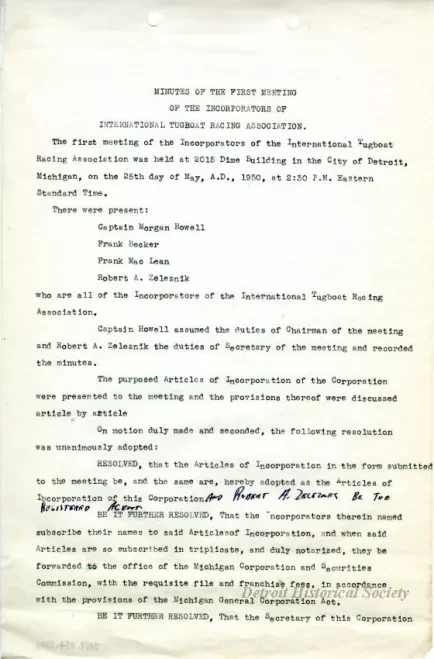 Minutes - Minutes of the First Meeting of the Incorporators 
of the International Tugboat Racing Association