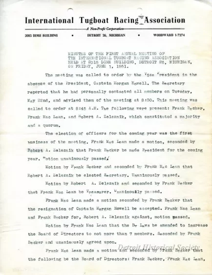 Minutes - Minutes of the First Annual Meeting of the International Tugboat Racing Association Held at 2015 Dime Building, Detroit 26, Michigan, on Friday, June 1, 1951
