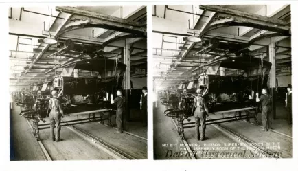 Stereograph - Mounting Hudson Super-Six Bodies In The Final Assembly Room Of The Hudson Motor Car Company, Hudson Motor Car Co, Detroit, USA