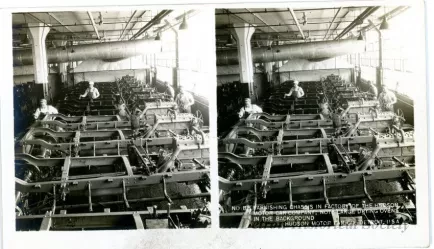 Stereograph - Varnishing Chassis In Factory Of The Hudson Motor Car Company; Note Large Drying Ovens In The Background, Hudson Motor Car Co, Detroit, USA