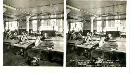 Stereograph - Cutting Hides For Hudson Super-Six Upholstery In Factory Of The Hudson Motor Car Company In The Background, Hudson Motor Car Co, Detroit, USA