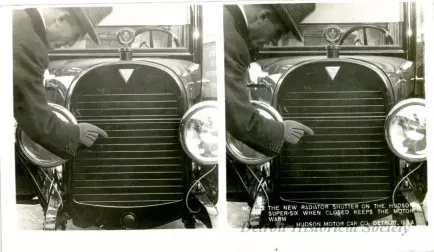 Stereograph - The New Radiator Shutter On The Hudson Super-Six When Closed Keeps The Motor Warm, Hudson Motor Car Co, Detroit, USA