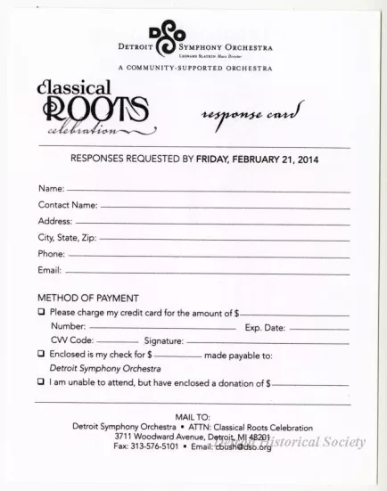 Invitation - 2014 Invitation for the  Detroit Symphony Orchestra 14th Annual Classical Roots Celebration