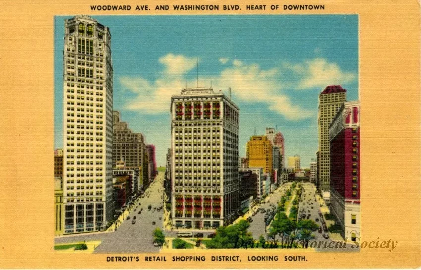Postcard - Woodward Ave. and Washington Blvd. Heart of Downtown; Detroit's Retail Shopping District, Looking South.