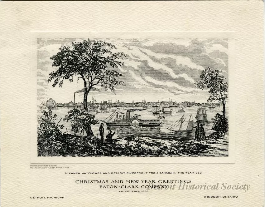 Card, Greeting - Steamer MAYFLOWER and Detroit Riverfront from Canada in the Year 1852