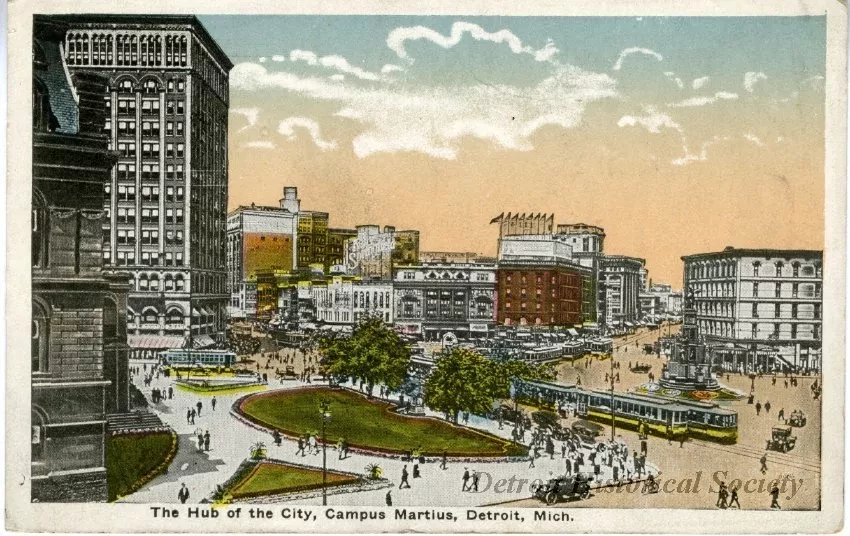 Postcard - The Hub of the City, Campus Martius, Detroit, Mich.