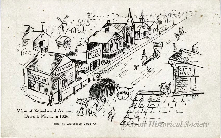 Postcard - View of Woodward Avenue, Detroit, Mich. in 1826.