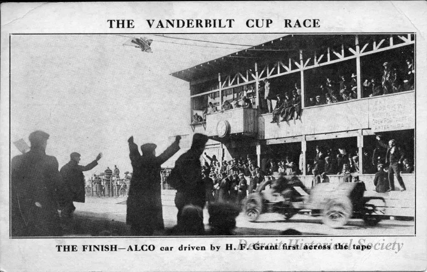 Postcard - The Vanderbilt Cup Race.
The Finish - ALCO car driven by H.F. Grant first across the tape
