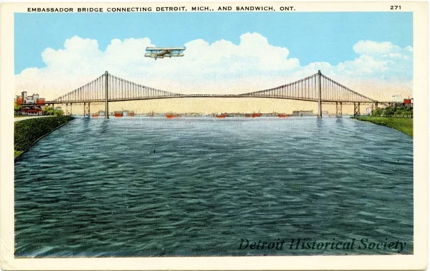 Postcard - Embassador [sic] Bridge connecting Detroit, Mich. and Sandwich, Ont. - Ambassador Bridge