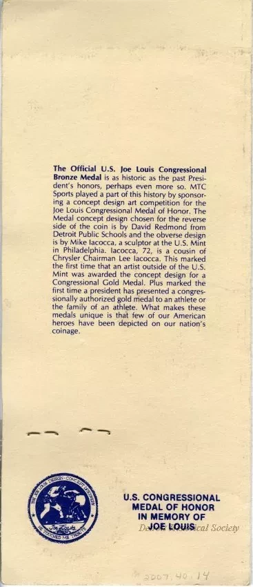 Brochure - Joe Louis Congressional Gold Medal
[bronze reproduction]