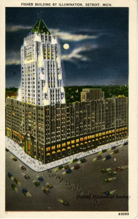 Postcard - Fisher Building by Illumination, Detroit, Mich.