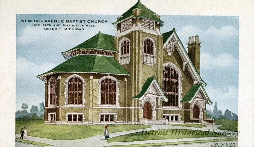 Postcard - New 14th Avenue Baptist Church, Cor. 14th and Marquette Aves. Detroit, Michigan.