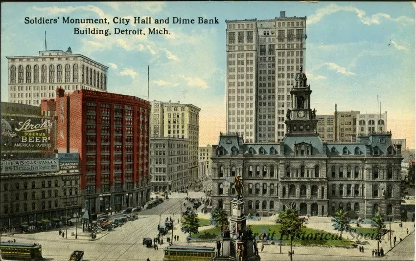 Postcard - Soldiers' Monument, City Hall and Dime Bank Building, Detroit, Mich.