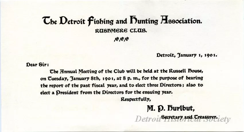 Announcement - The Detroit Fishing and Hunting Association, Rushmore Club