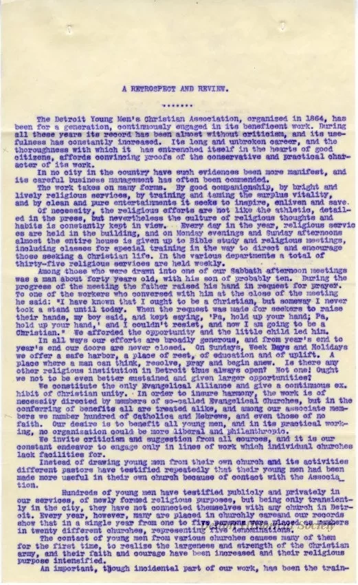 Letter - A Retrospect - Detroit Young Men's Christian Association