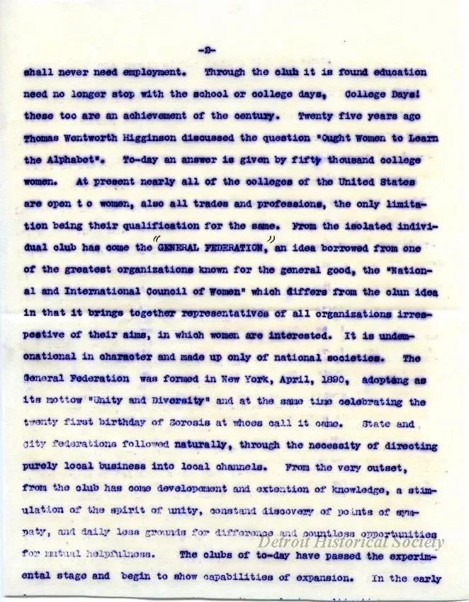 Letter - The Growth of the Woman's [Women's] Club Movement