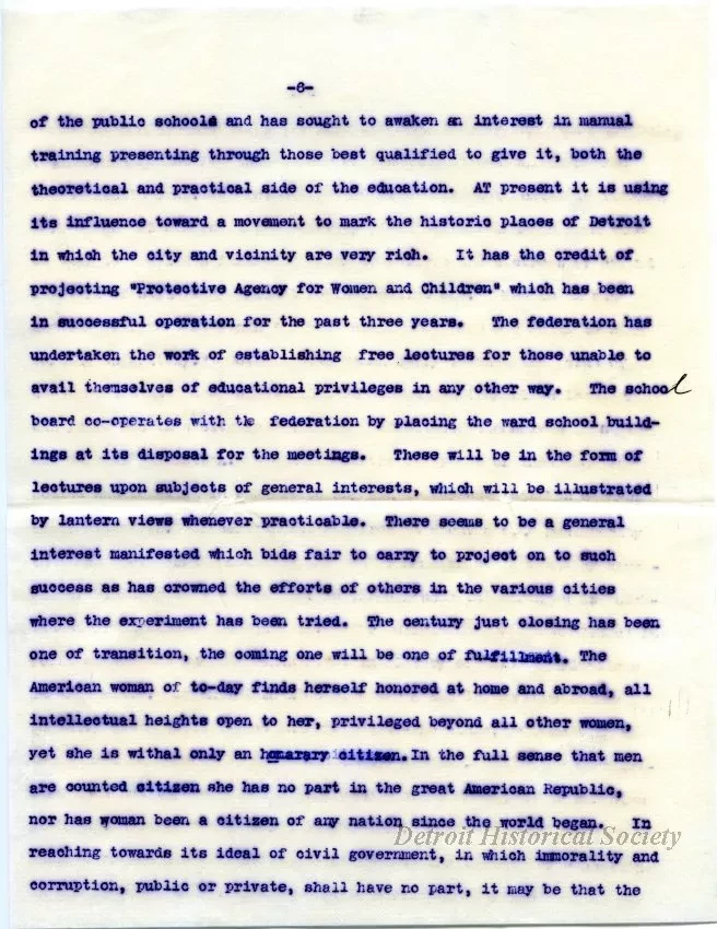 Letter - The Growth of the Woman's [Women's] Club Movement