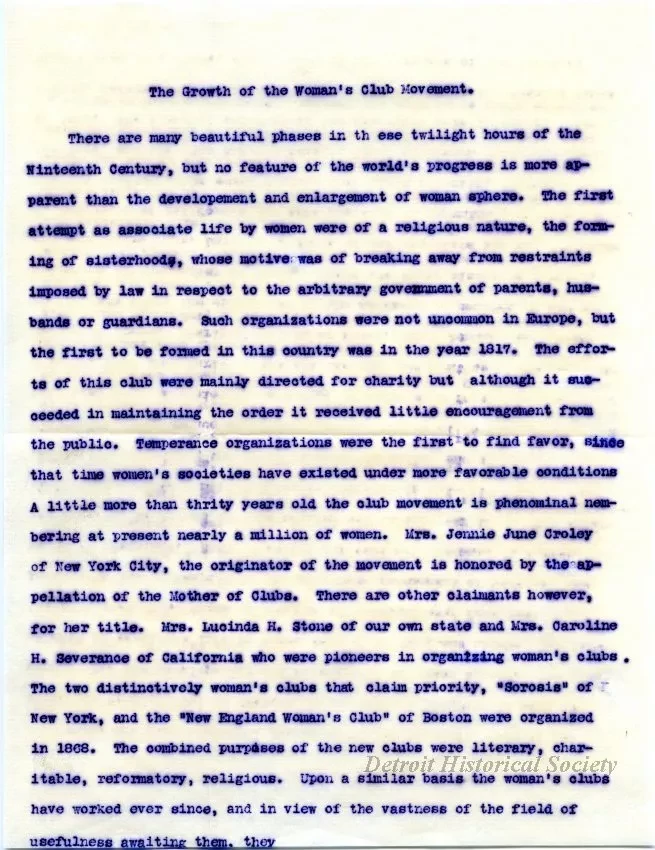 Letter - The Growth of the Woman's [Women's] Club Movement